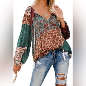 Boho Patchwork Floral Peasant Blouse - Multicolor